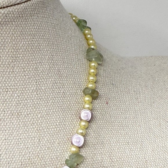 Fluorite Chips & Foil Glass Beads Necklace Vintage Pastels‎ Dainty Faux Pearls - Picture 9 of 9